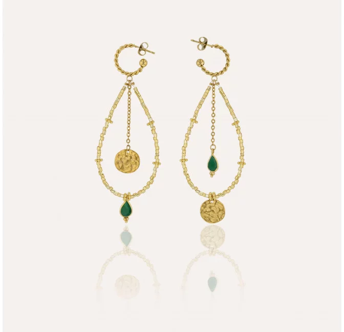 PERLA long gold earrings with MURANO glass beads and green onyx |Gloria Balensi