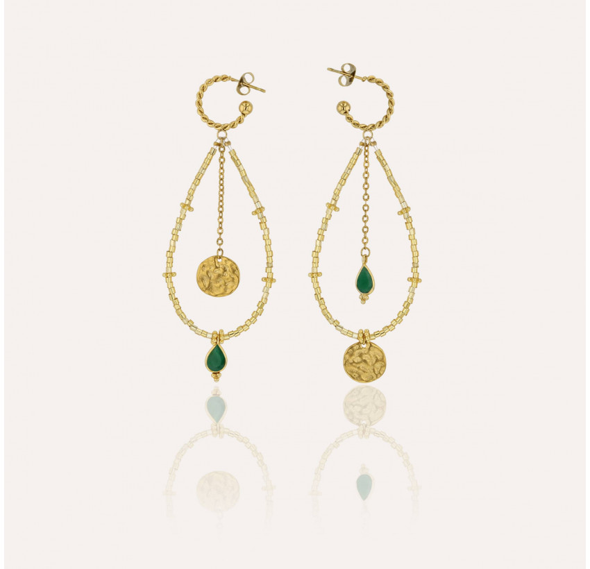 Boucles d'oreilles longues dorées PERLA en perles de verre de MURANO et onyx vert | Gloria Balensi bijoux
