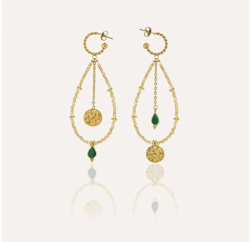 Boucles d'oreilles dorées PERLA en perles de verre de MURANO et onyx vert |Gloria Balensi