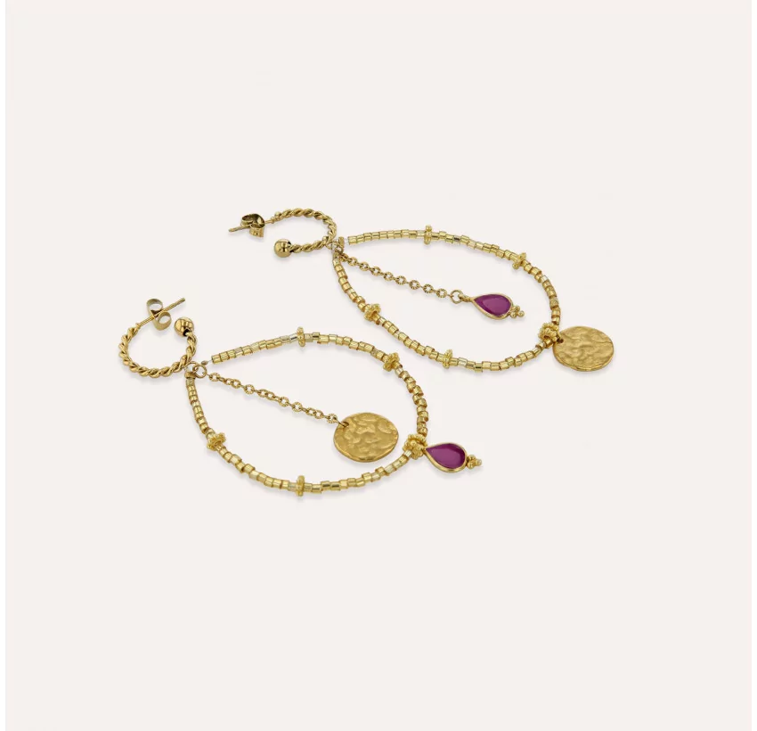 Boucles d'oreilles dorées PERLA en perles de verre de MURANO et rhodonite |Gloria Balensi