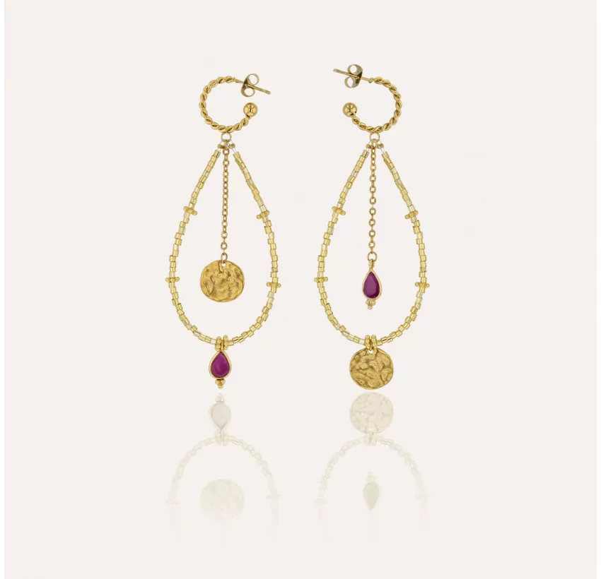 Boucles d'oreilles dorées PERLA en perles de verre de MURANO et rhodonite |Gloria Balensi