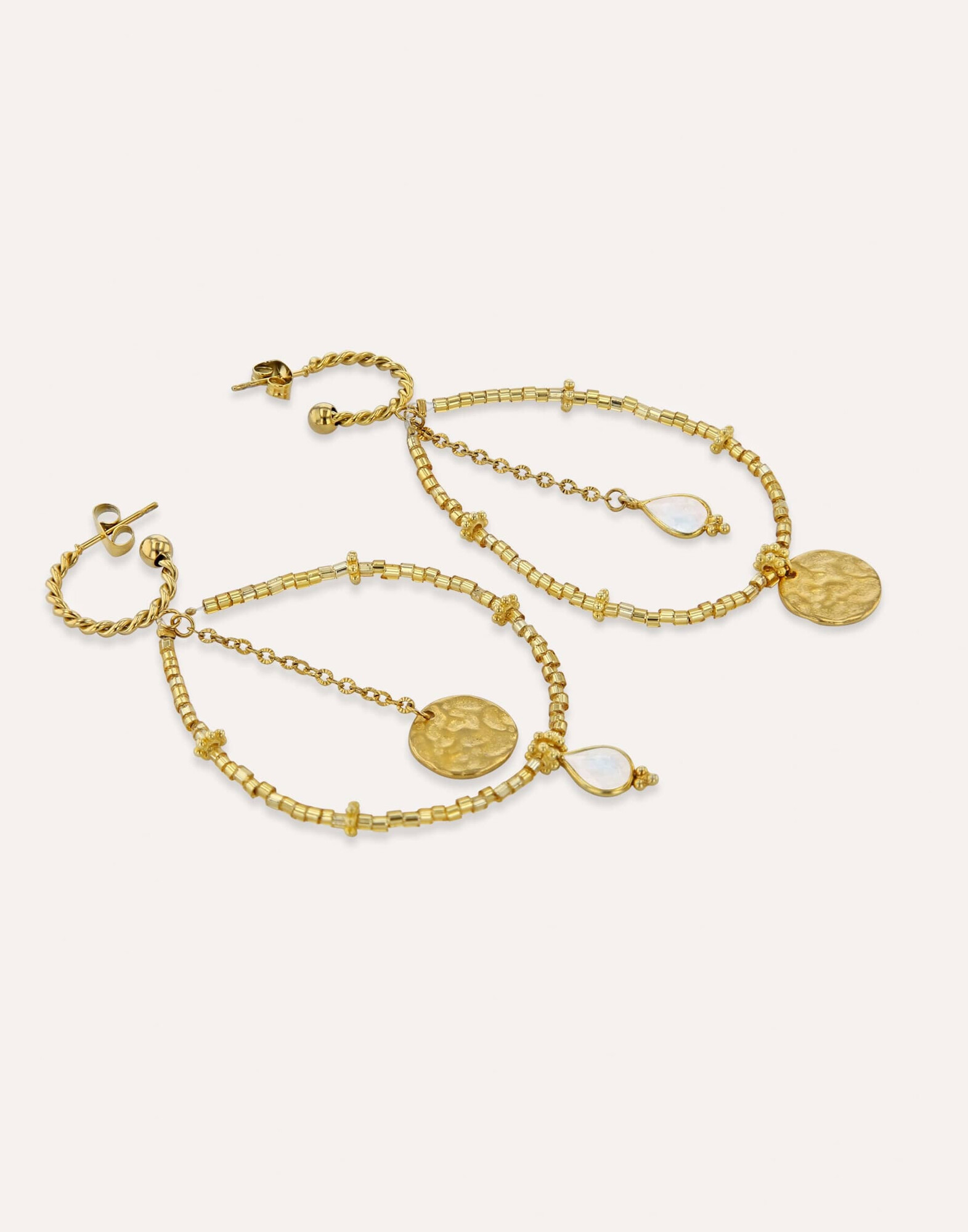 PERLA long gold earrings with MURANO glass beads and moonstone |Gloria Balensi