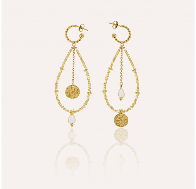 Boucles d'oreilles longues dorées PERLA en perles de verre de MURANO et pierre de lune| Gloria Balensi bijoux