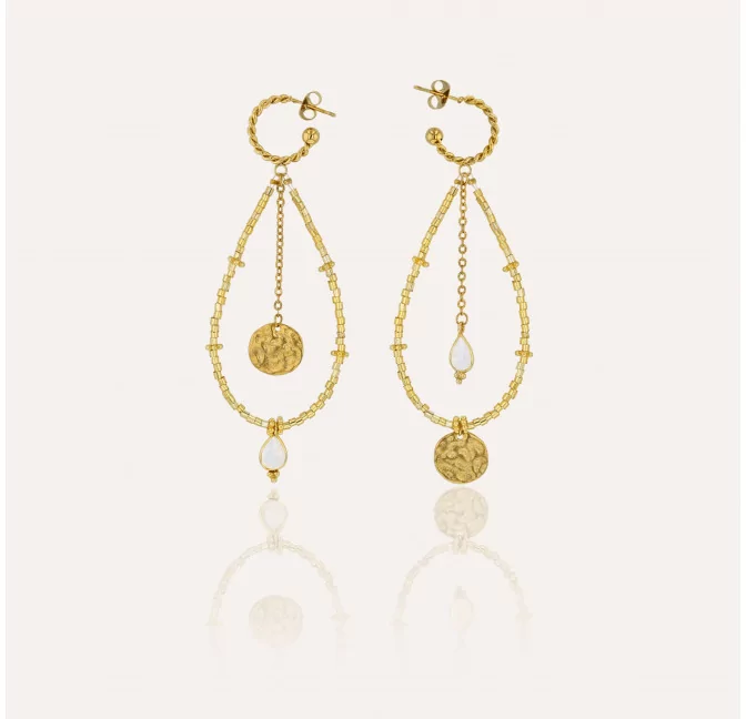 Boucles d'oreilles dorées PERLA en perles de verre de MURANO et pierre de lune |Gloria Balensi