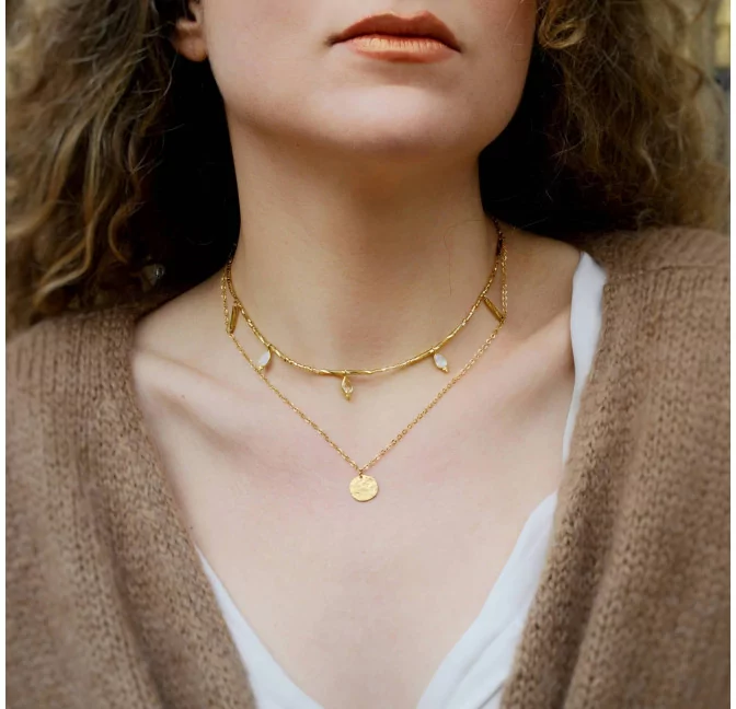 Collier doré DÉITÉ en perles de verre de MURANO, pierre de lune et citrine |Gloria Balensi