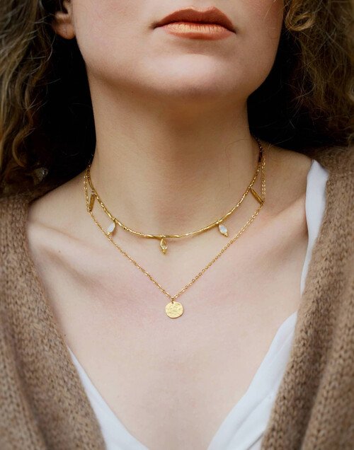 Collier doré DÉITÉ en perles de verre de MURANO, pierre de lune et citrine |Gloria Balensi