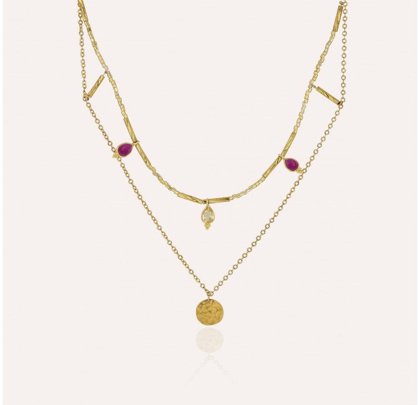 Collier doré DÉITÉ en perles de verre de MURANO, rhodonite et citrine| Gloria Balensi bijoux