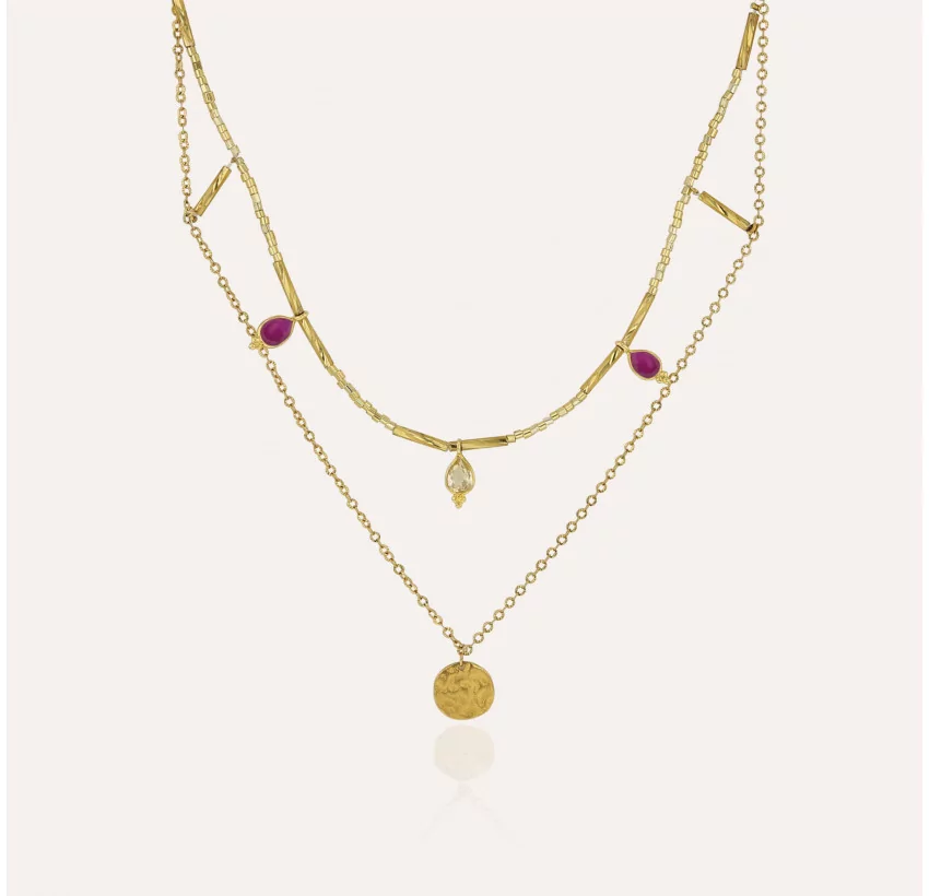 Gold necklace with MURANO glass beads, rhodonite and citrine |Gloria Balensi