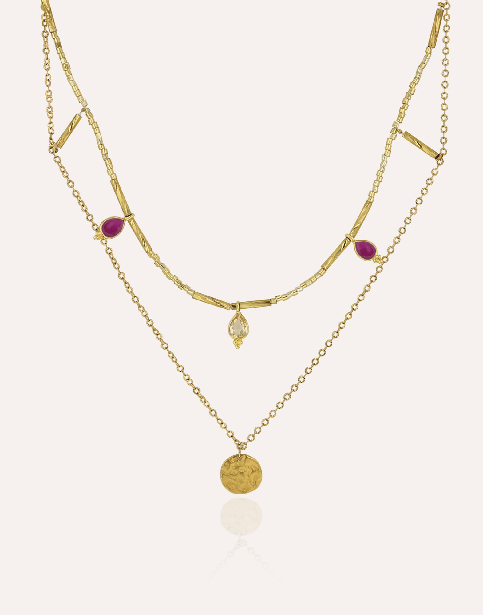 Gold necklace with MURANO glass beads, rhodonite and citrine |Gloria Balensi