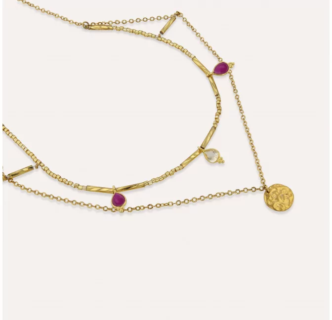 Collier doré DÉITÉ en perles de verre de MURANO, rhodonite et citrine |Gloria Balensi
