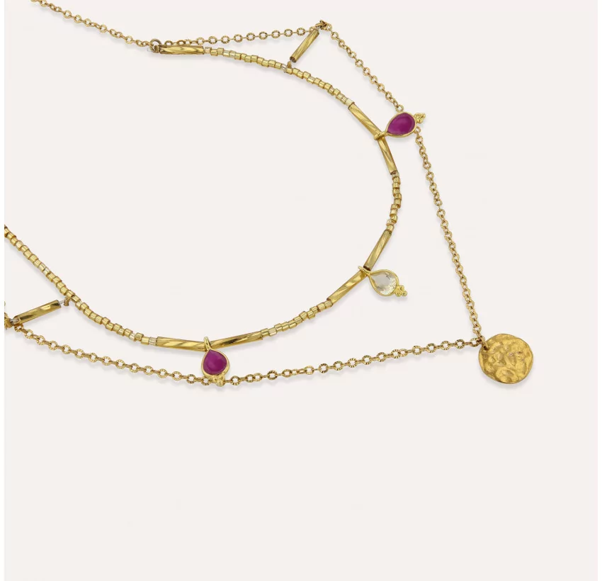 Gold necklace with MURANO glass beads, rhodonite and citrine |Gloria Balensi