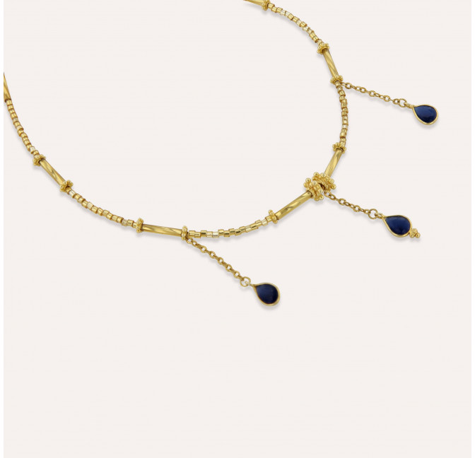Collier doré VENEZIA en perles de verre de MURANO et agate bleue | Gloria Balensi bijoux