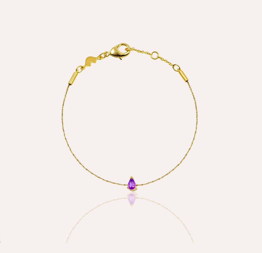 Bracelet cordon GAÏA en laiton , pierre poire améthyste  | Gloria Balensi bijoux