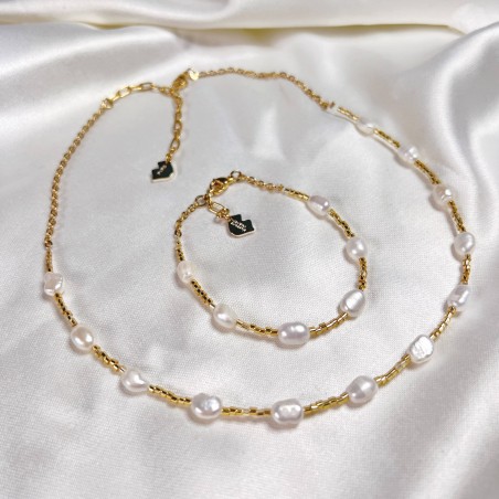 Collier ras du cou PERLINA en perles d’eau douces et perles dorées | Gloria Balensi bijoux