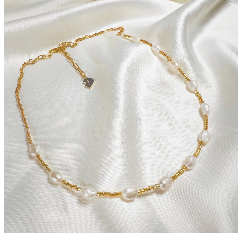 Collier ras du cou en perles d’eau douce baroques et perles de verre de Murano PERLINA | Gloria Balensi bijoux