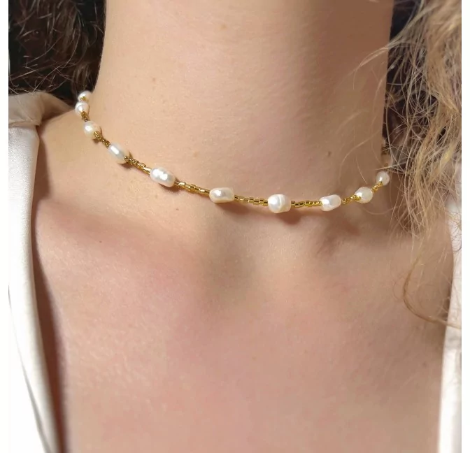 Baroque freshwater pearl and Murano glass bead choker PERLINA |Gloria Balensi