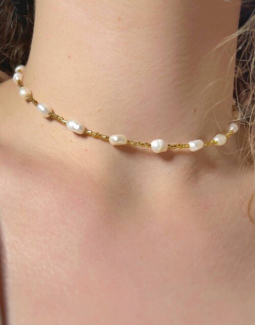 Collier ras du cou en perles d’eau douce baroques et perles de verre de Murano PERLINA |Gloria Balensi