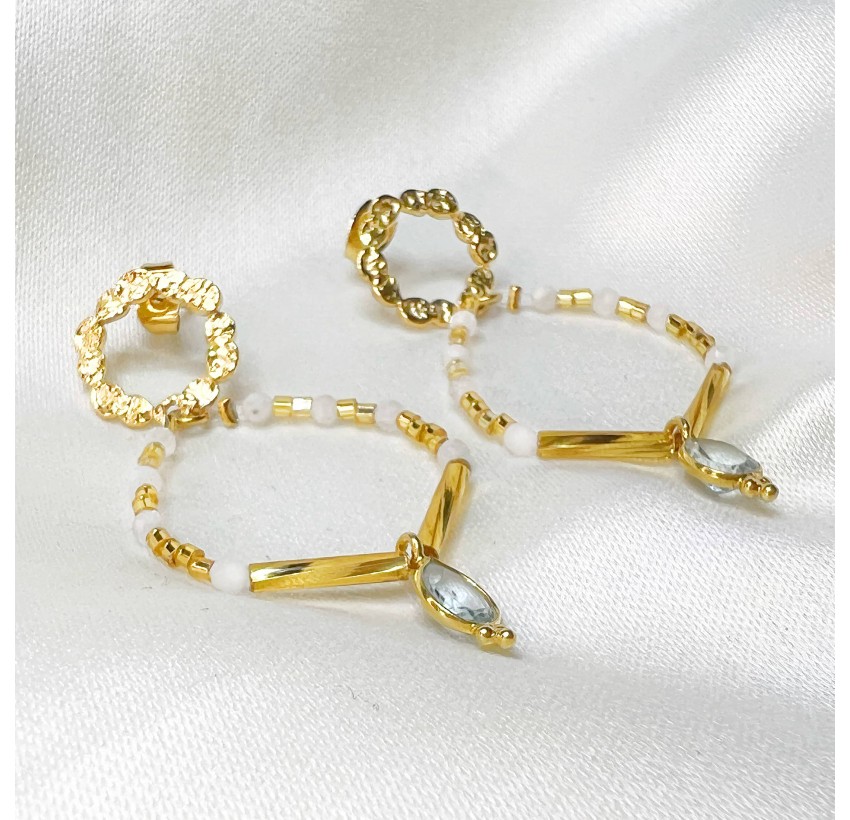 Boucles d'oreilles dorées AYTA en perles de verre de MURANO et pierre de lune| Gloria Balensi bijoux