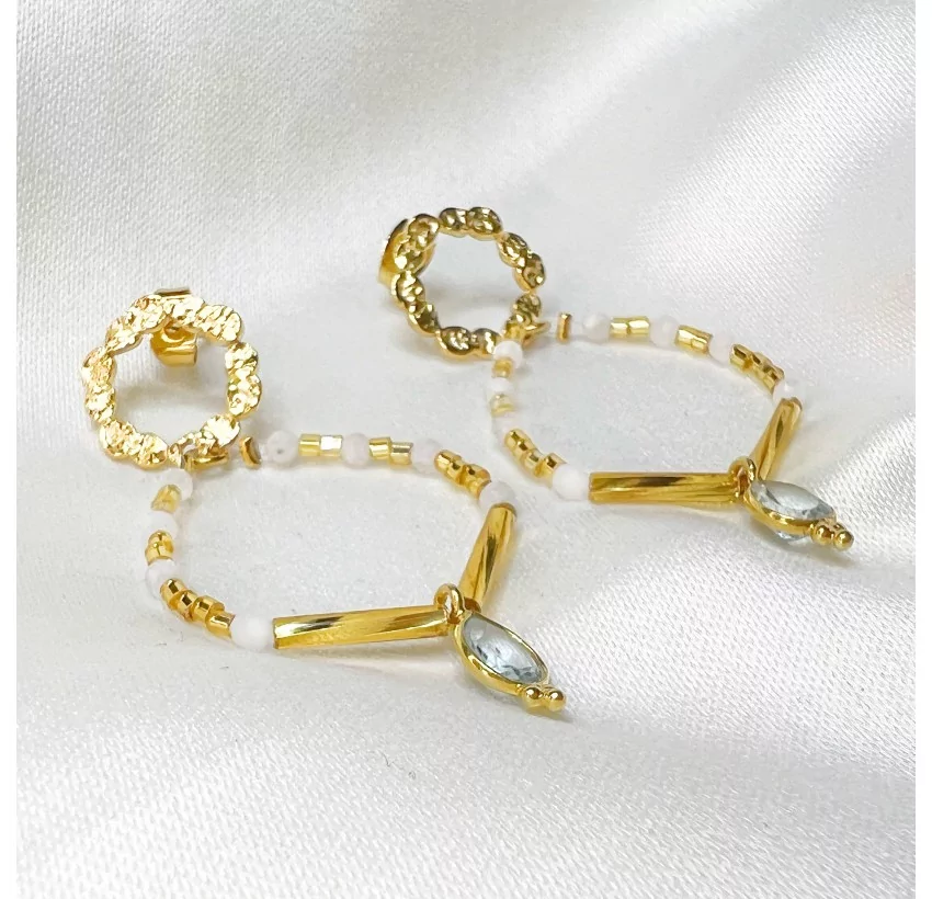 Boucles d'oreilles dorées AYTA en perles de verre de MURANO et pierre de lune |Gloria Balensi