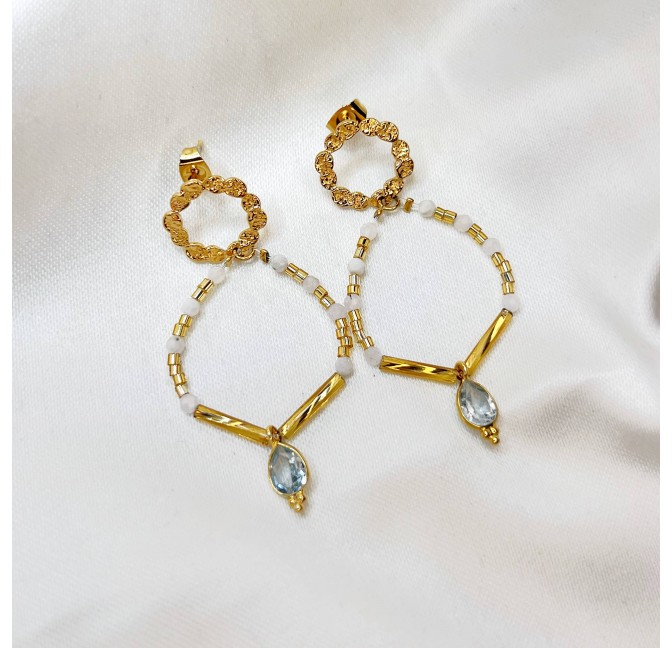 Boucles d'oreilles dorées AYTA en perles de verre de MURANO et pierre de lune| Gloria Balensi bijoux