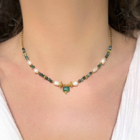 Collier doré antique ÉMERAUDE en perles d’émeraude et perles d’eau douce | Gloria Balensi bijoux