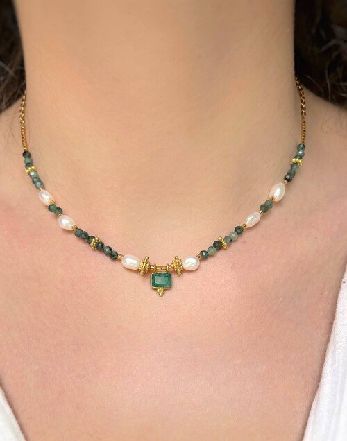 Collier doré antique ÉMERAUDE en perles d’émeraude et perles d’eau douce |Gloria Balensi