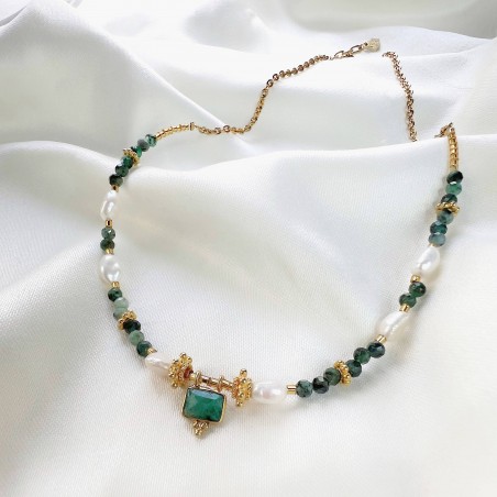 Collier doré antique ÉMERAUDE en perles d’émeraude et perles d’eau douce | Gloria Balensi bijoux