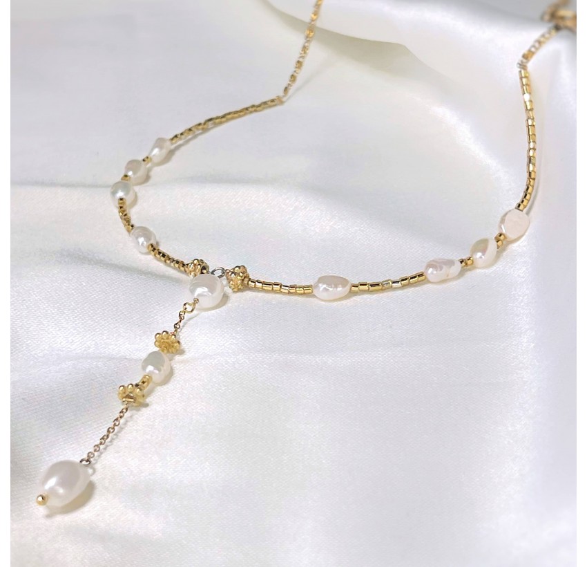ATHINA golden tie necklace with freshwater pearls and stainless steel chain| Gloria Balensi jewellery
