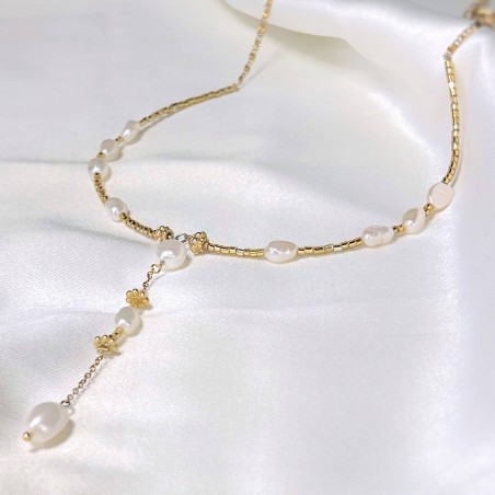 ATHINA golden tie necklace with freshwater pearls and stainless steel chain| Gloria Balensi jewellery