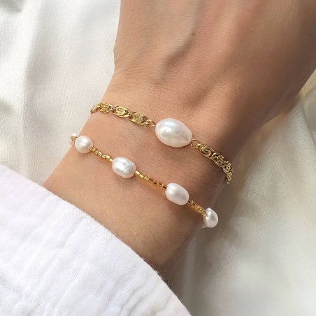 Bracelet doré PERLYA en acier inoxydable et perle baroque d’eau douce| Gloria Balensi bijoux