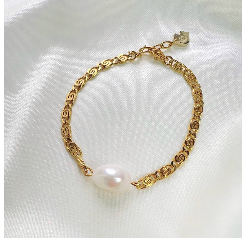 Bracelet doré PERLYA en acier inoxydable et perle baroque d’eau douce| Gloria Balensi bijoux