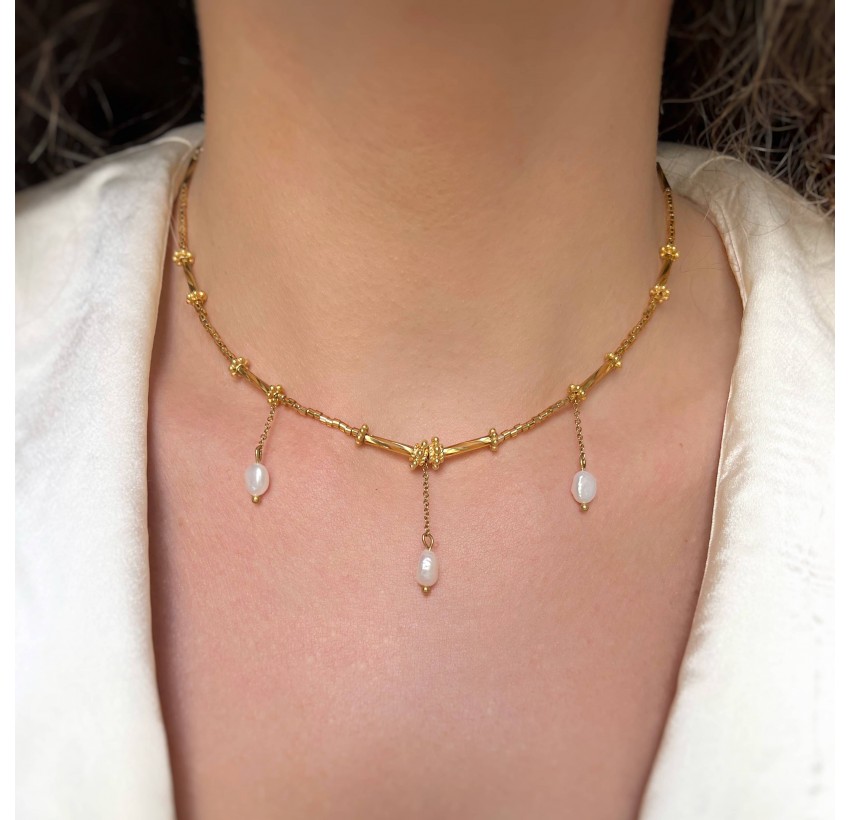 Collier doré VENEZIA en perles de verre de MURANO et perle d'eau douce baroque | Gloria Balensi