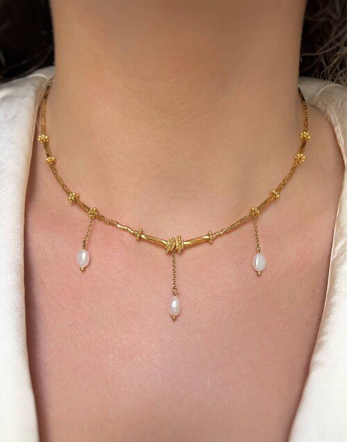 Collier doré VENEZIA en perles de verre de MURANO et perles d'eau douce baroque |Gloria Balensi