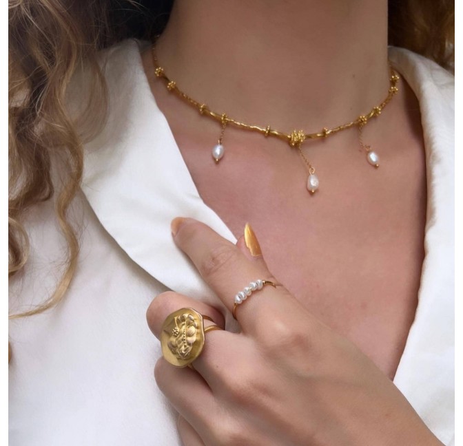 Collier doré VENEZIA en perles de verre de MURANO et perle d'eau douce baroque | Gloria Balensi bijoux