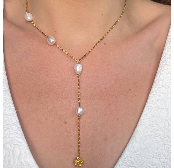 Collier cravate PERLE en perles d’eau douce et chaîne dorée en acier inoxydable | Gloria Balensi bijoux