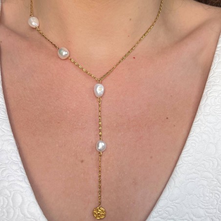 Collier cravate PERLE en perles d’eau douce et chaîne dorée en acier inoxydable | Gloria Balensi bijoux