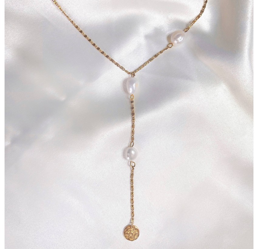 Collier cravate perles d’eau douce et chaîne en acier inoxydable |Gloria Balensi