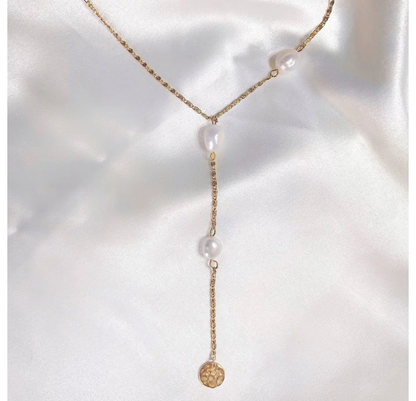 Freshwater pearl tie necklace and stainless steel chain |Gloria Balensi