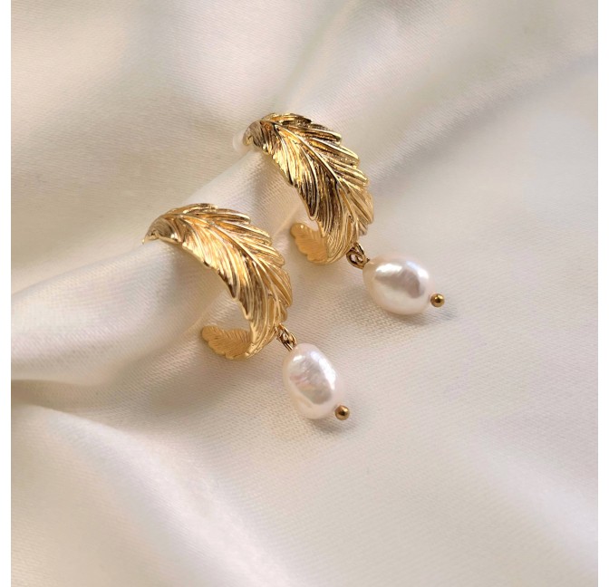 Roma antique gold creoles with laurel leaves and freshwater pearls | Gloria Balensi jewellery