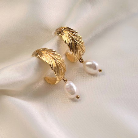Créoles dorées antiques Roma feuilles de laurier et perles d’eau douce | Gloria Balensi bijoux