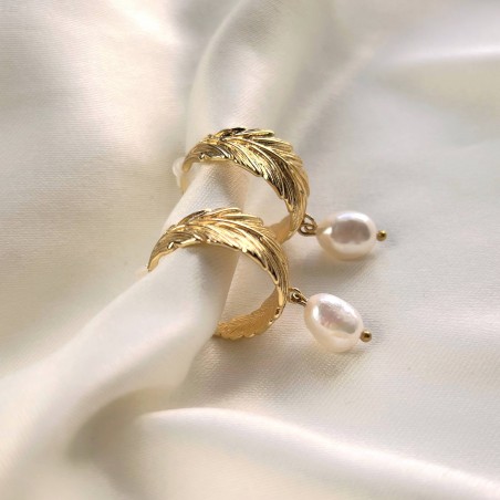 Roma antique gold creoles with laurel leaves and freshwater pearls | Gloria Balensi jewellery