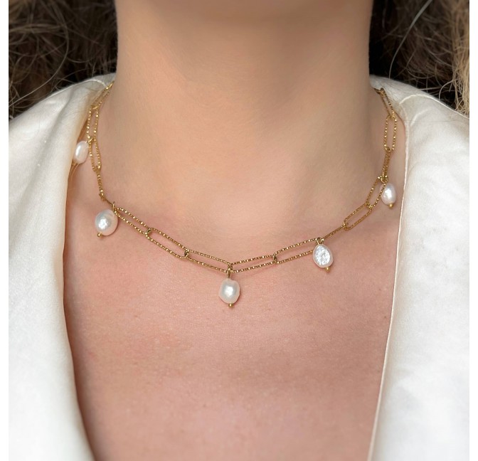Collier doré DÉESSA en chaîne acier inoxydable grands maillons martelés et perles d’eau douce| Gloria Balensi bijoux