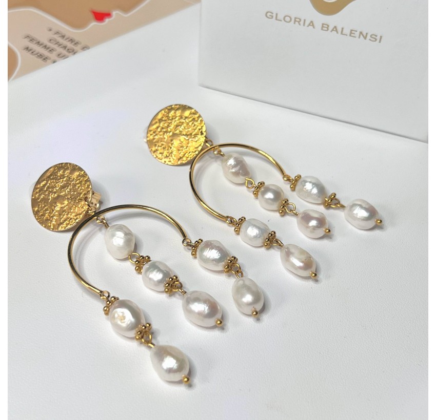 Freshwater pearl and stainless steel clip-on dangling earrings | Gloria Balensi jewellery