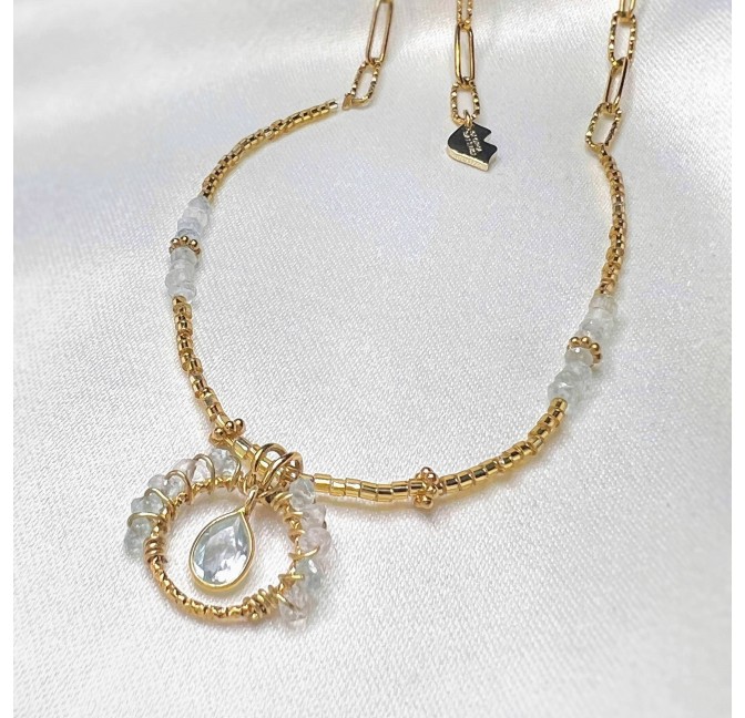 Collier aigue-marine fleur pierre poire aigue-marine en acier inoxydable | Gloria Balensi bijoux