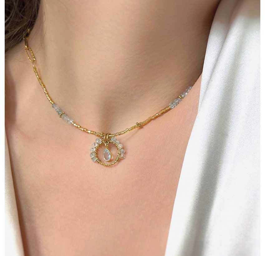 Aquamarine Flower Stainless Steel Necklace | Gloria Balensi jewellery