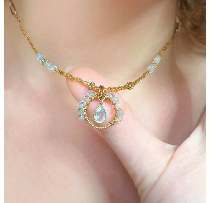 Aquamarine Flower Stainless Steel Necklace |Gloria Balensi