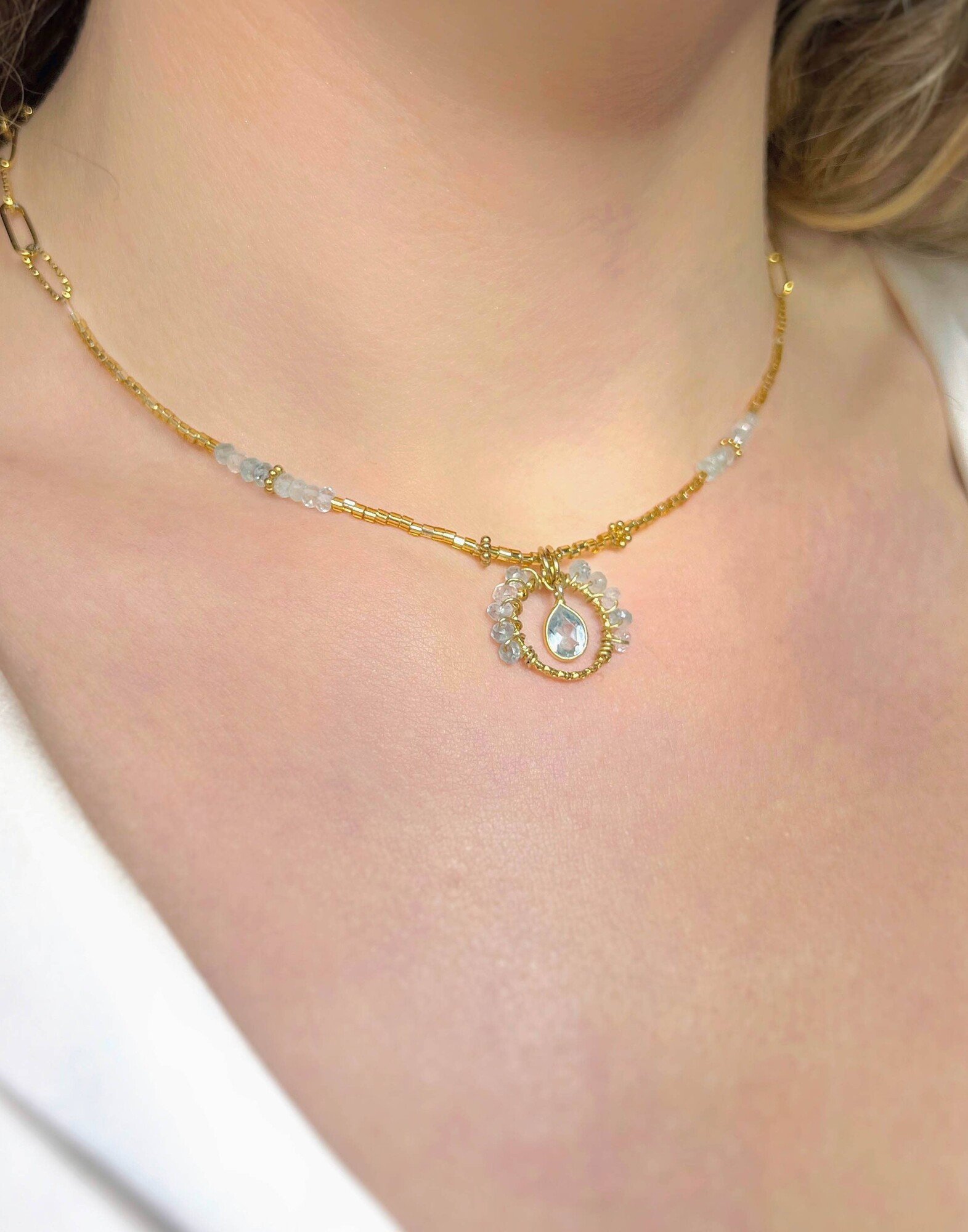 Aquamarine Flower Stainless Steel Necklace |Gloria Balensi