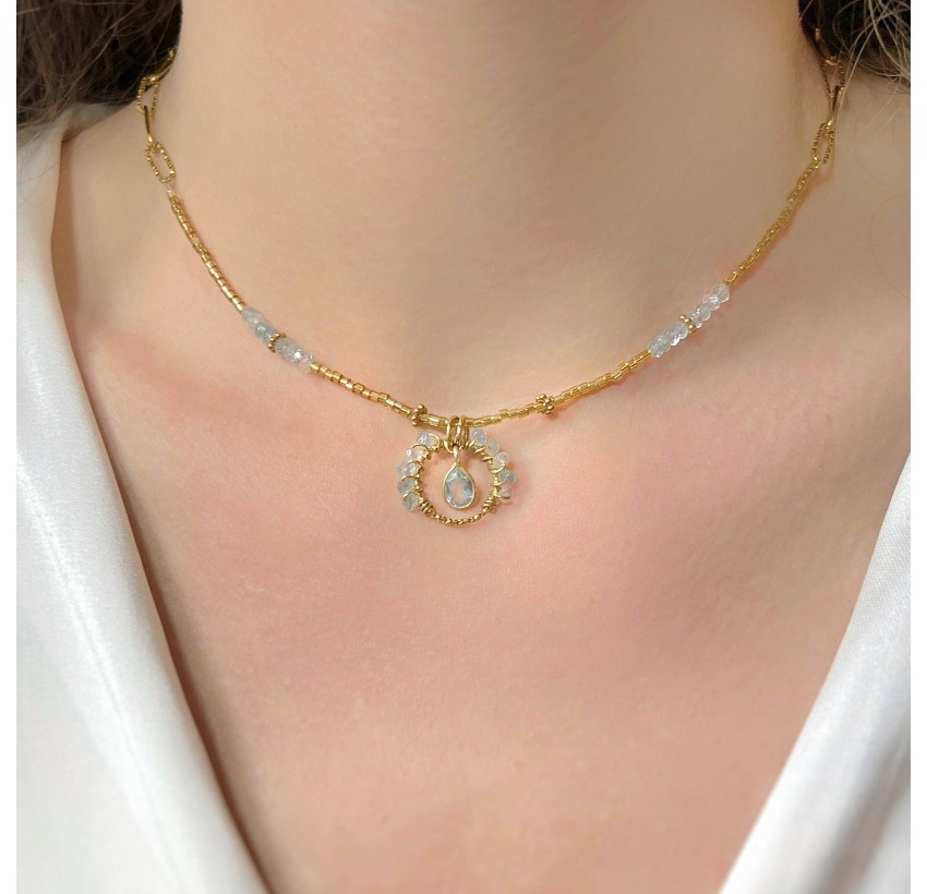 Aquamarine Flower Stainless Steel Necklace | Gloria Balensi jewellery