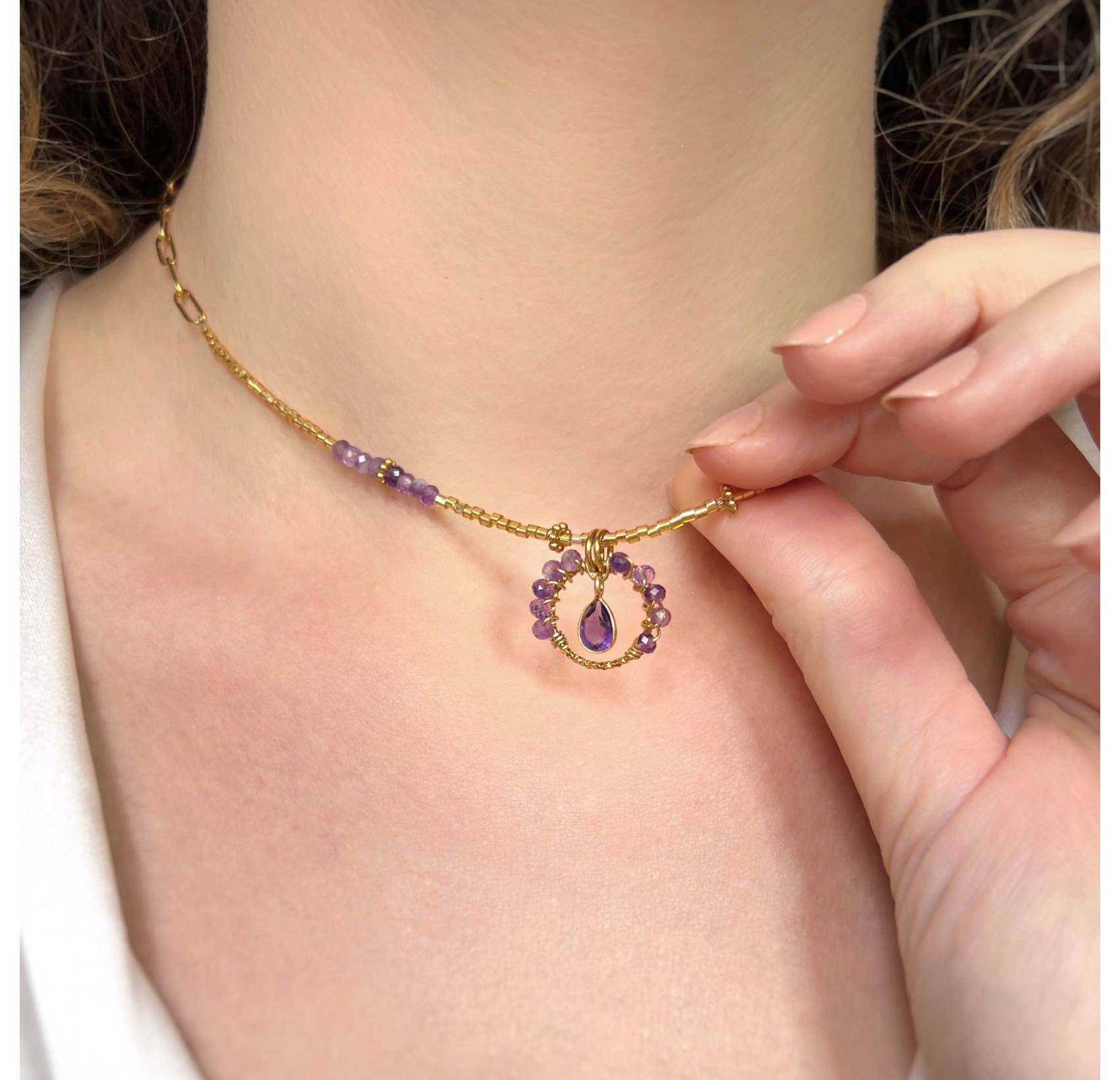 Amethyst Flower Stainless Steel Necklace | Gloria Balensi jewellery