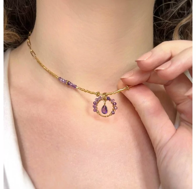 Amethyst Flower Stainless Steel Necklace |Gloria Balensi